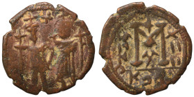 Heraclius, with Heraclius Constantine. 610-641. Follis (bronze, 4.73 g, 23 mm). Heraclius and Heraclius Constantine standing facing, both wearing chla...