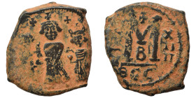 Heraclius, with Martina and Heraclius Constantine, 610-641. Follis (bronze, 9.57 g, 26 mm), Thessalonica. Heraclius, Heraclius Constantine, and Martin...