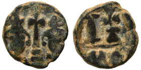 Heraclius, with Heraclius Constantine, 610-641. 12 Nummi (bronze, 2.74 g, 15 mm), Alexandria. Draped bust of Heraclius, bearded, and Heraclius Constan...