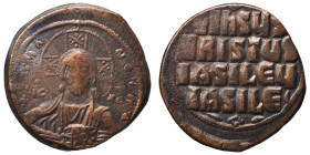 Anonymous, time of Basil II and Constantine VIII, 976-1028. Follis (bronze, 13.99 g, 31 mm), Constantinople. +EMMA-NOVHΛ bust of Christ facing, wearin...