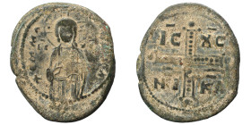 Anonymous, time of Michael IV, circa 1034-1041. Follis (bronze, 10.72 g, 31 mm), Constantinople. + EMMA[NOYHΛ] / IC - XC Christ Antiphonetes standing ...