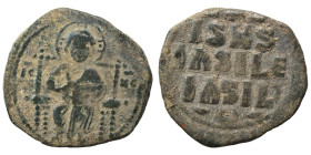 Anonymous Folles, time of Constantine IX, circa 1042-1055. Follis (bronze, 10.76 g, 29 mm), Constantinople. Christ seated facing on square-backed thro...