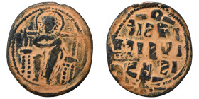 Anonymous Folles, time of Constantine IX, circa 1042-1055. Follis (bronze, 8.27 g, 31 mm), Constantinople. Christ seated facing on square-backed thron...