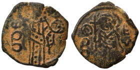 John III, emperor of Trebizond, 1342-1344. Trachy (bronze, 1.44 g, 17 mm). Nimbate St. Eugenius standing facing, holding long cross in his right hand....