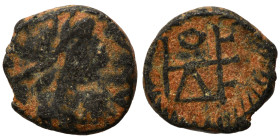 VANDALS. Pseudo-Imperial, in the name Theodosius II, 402-450. Nummus (bronze, 0.54 g, 8 mm). Pearl-diademed and draped bust of Theodosius II to right....