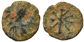 VANDALS. Pseudo-Imperial coinage in the name of Justinian I, 548-565. Nummus (bronze, 0.32 g, 9 mm), Carthage. Bust right. Rev. Christogram. BMC Vanda...