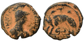 OSTROGOTHS. Municipal Coinage, 526-534. Follis (bronze, 6.81 g, 22 mm), Rome. INVICTA ROMA Draped bust of Roma to right, wearing crested helmet, penda...