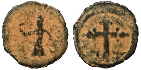 CRUSADERS. Edessa. Baldwin II, second reign, 1108-1118. Follis (bronze, 3.01 g, 20 mm). Baldwin II, wearing armor and conical helmet, standing facing,...