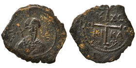 CRUSADERS. Principality of Antioch. Tancred, regent, 1101-1112. Follis (bronze, 2.94 g, 23 mm). Armored, bearded bust of Tancred facing, holding uprai...