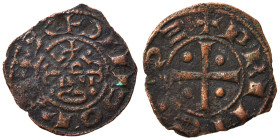 CRUSADERS. Principality of Antioch. Raymond of Poitiers, 1136-1149. Fractional Denier (bronze, 0.56 g, 16 mm). +PRINCEPS Cross pattée with pellet in e...