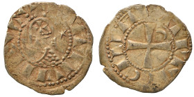 CRUSADERS. Principality of Antioch. Bohémond III, 1163-1201. Denier (silver, 0.72 g, 18 mm). +BOAMVNDVS Helmeted head of a knight to left flanked by c...
