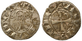 CRUSADERS. Principality of Antioch. Bohémond III, 1163-1201. Denier (silver, 0.85 g, 17 mm). +BOAMVNDVS Helmeted head of a knight to left flanked by c...