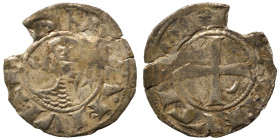 CRUSADERS. Principality of Antioch. Bohémond III, 1163-1201. Denier (silver, 0.63 g, 17 mm). +BOAMVNDVS Helmeted head of a knight to left flanked by c...