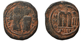 Persian Occupation of Syria, 610-630. Phocas, with Leontia type. Follis (bronze, 11.20 g, 29 mm), uncertain mint in Syria. Phocas standing facing, hol...