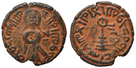 Arab Byzantine. Umayyad Caliphate. al-Malik ibn Marwan, AH 65-86 / 685-705 AD. Fals (bronze, 4.16 g, 21 mm), 'Standing Caliph' type. Caliph standing f...
