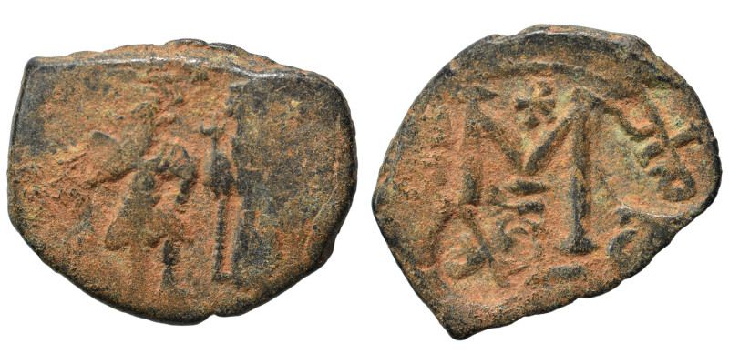 Arab-Byzantine. Imitating Heraclius follis. Fals (bronze, 6.35 g, 27 mm). Two st...