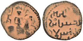 Seljuks. Rum. Arslan II, AH 550-588 / AD 1155-1192. Fals (bronze, 2.05 g, 18 mm). Facing horseman riding to right with left hand raised and being crow...