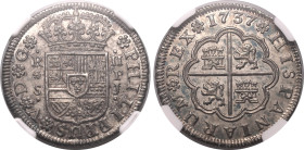 Europe » Spain
Spain 1737S PJ, 2 Reales. Graded MS 63 by NGC. Fully struck and sharp; smooth surfaces with lustre showing through nice old cabinet to...