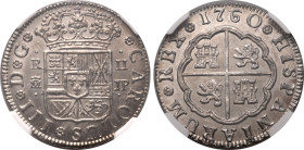 Europe » Spain » Spanish Colonial
Spain 1760 M JP, 2 R., Charles III. Graded MS 64 by NGC-Choice BU; fully struck and very sharp. Ultra smooth surfac...