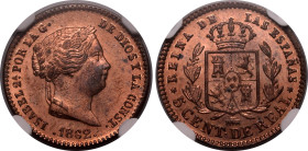 Europe » Spain » Spanish Colonial
Spain 1862, 5 C, Segovia. Graded MS 65 RB by NGC-Choice BU, very lustrous red surfaces.