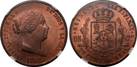 Europe » Spain » Spanish Colonial
Spain 1862, 25 C., Segovia. Graded MS 65 RB by NGC-Choice BU; lustrous red/brown surfaces.