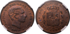 Europe » Spain » Spanish Colonial
Spain 1879 OM, 5 C. Graded MS 65 RB by NGC-Choice BU; smooth and lustrous surfaces.