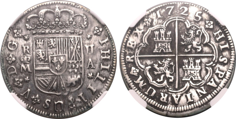 Europe » Spain » Spanish Colonial
Spain 1725/4 M A, 2 R., Philip V. Graded XF D...