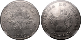 Europe » Spain » Spanish Colonial » Argentina
Argentina 1852, 8 R, Cordoba. Graded MS 62 by NGC-Lustrous silvery/grey surfaces.