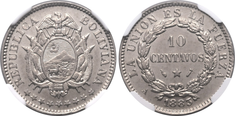 Americas » Bolivia
Bolivia , 1883 A, 10 Centavos, Not holed. Graded PROOF 65 by...