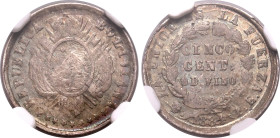 Americas » Bolivia
Bolivia 1884/3 PTS FE, 5 C. Graded MS 65 by NGC-Scarcer overdate. Nice old cabinet toning.