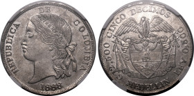 Americas » Colombia
Colombia 1888, 5 Décimos, Medellín, Large Head. Graded MS 62 by NGC-(Ag) A choice grade for this type; fully struck with sharp de...