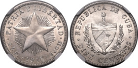 Americas » Cuba
Cuba 1915, 10 C. Graded MS 63 by NGC-Old cabinet toning, silvery/grey surfaces.