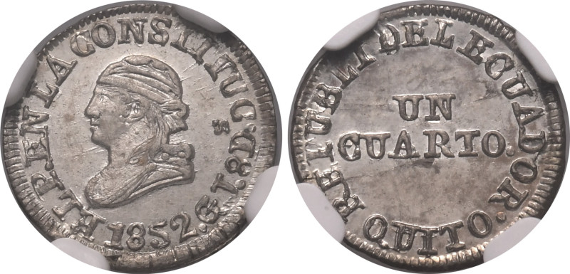 Americas » Ecuador
Ecuador, 1852 GJ, 1/4 Real (Ag), Graded MS 64 by NGC.- Quito...