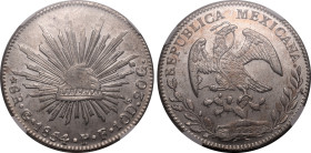 Americas » Mexico
Mexico 1854 GO PF, 8 R. Graded MS 63 by NGC-Nice BU: Well struck with strong details and lustrous surfaces.