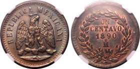 Americas » Mexico
Mexico 1890 MO, 1 C. Graded MS 66 BN by NGC-Choice UNC; sharp appearance; smooth and lustrous surfaces.