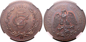 Americas » Mexico
Mexico 1914 Mo, 5 C. Bronze. Graded MS 65 BN by NGC-Choice UNC; smooth and lustrous brown surfaces; traces of red.