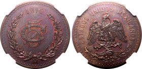 Americas » Mexico
Mexico 1915 Mo, 5 C. Graded MS 65 BN by NGC-Choice UNC; smooth and lustrous brown surfaces with traces of red.