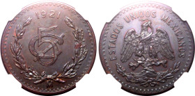 Americas » Mexico
Mexico 1921 Mo, 5 C. Graded MS 64 BN by NGC-Lustrous brown surfaces with traces of blue toning.