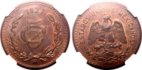 Americas » Mexico
Mexico 1927 Mo, 5 C. Graded MS 65 BN by NGC-Choice UNC; lustrous surfaces with traces of red.