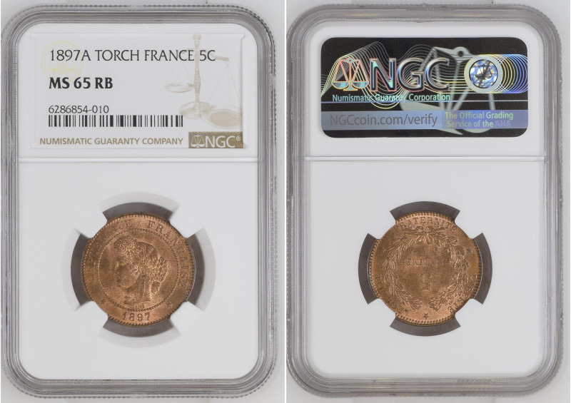 Europe » France
France 1897A TORCH 5 Centime. Graded MS 65 RB by NGC. Only 4 co...