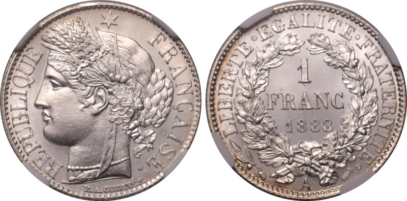 Europe » France
France 1888 A, 1 Franc. Graded MS 65 by NGC-Choice BU: Very lus...