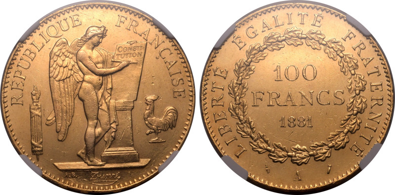 Europe;France
France 1881 A, G100 Francs. Graded MS 62 by NGC-Very lustrous.-