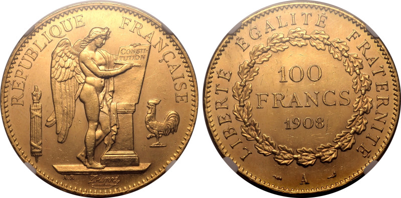 Europe;France
France 1908nA, G 100 Francs. Graded MS 62 by NGC-Very lustrous.-