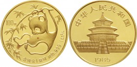 CHINA und Südostasien China Volksrepublik, seit 1949
100 Yuan GOLD 1985. Panda, an Bambuszweig turnend. 1 Unze Feingold.
fast Stempelglanz, winz. Ra...
