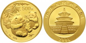 CHINA und Südostasien China Volksrepublik, seit 1949
500 Yuan GOLD 2006. Zwei Pandas mit Bambuszweigen. 1 Unze Feingold.
fast Stempelglanz, kl. Flec...
