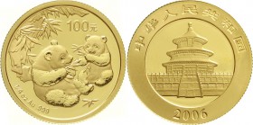 CHINA und Südostasien China Volksrepublik, seit 1949
100 Yuan GOLD 2006. Zwei Pandas mit Bambuszweigen. 1/4 Unze Feingold.
Stempelglanz