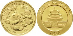 CHINA und Südostasien China Volksrepublik, seit 1949
50 Yuan GOLD 2006. Zwei Pandas mit Bambuszweigen. 1/10 Unze Feingold.
Stempelglanz