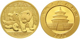 CHINA und Südostasien China Volksrepublik, seit 1949
500 Yuan GOLD 2010. Zwei Pandas beim Spielen. 1 Unze Feingold.
Stempelglanz
