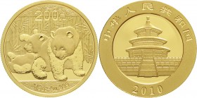 CHINA und Südostasien China Volksrepublik, seit 1949
200 Yuan GOLD 2010. Zwei Pandas beim Spielen. 1/2 Unze Feingold.
Stempelglanz