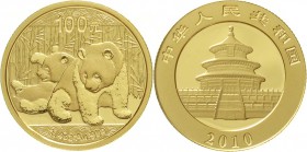 CHINA und Südostasien China Volksrepublik, seit 1949
100 Yuan GOLD 2010. Zwei Pandas beim Spielen. 1/4 Unze Feingold.
Stempelglanz